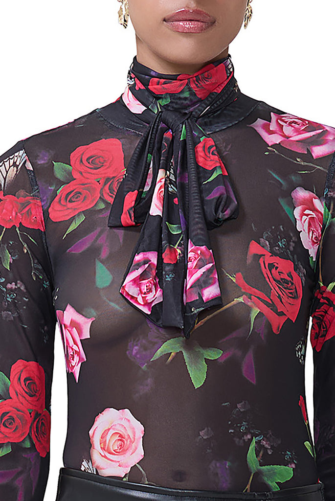 women's sheer long sleeve top with adjustable self neck tie and ruched sleeves in mixed rose print