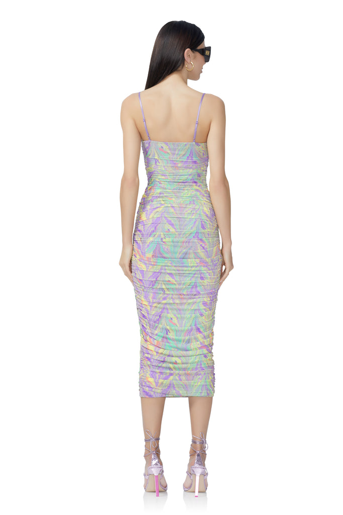 women's fitted mesh knit midi length dress with all over ruching and adjustable straps in neon citrus swirl print