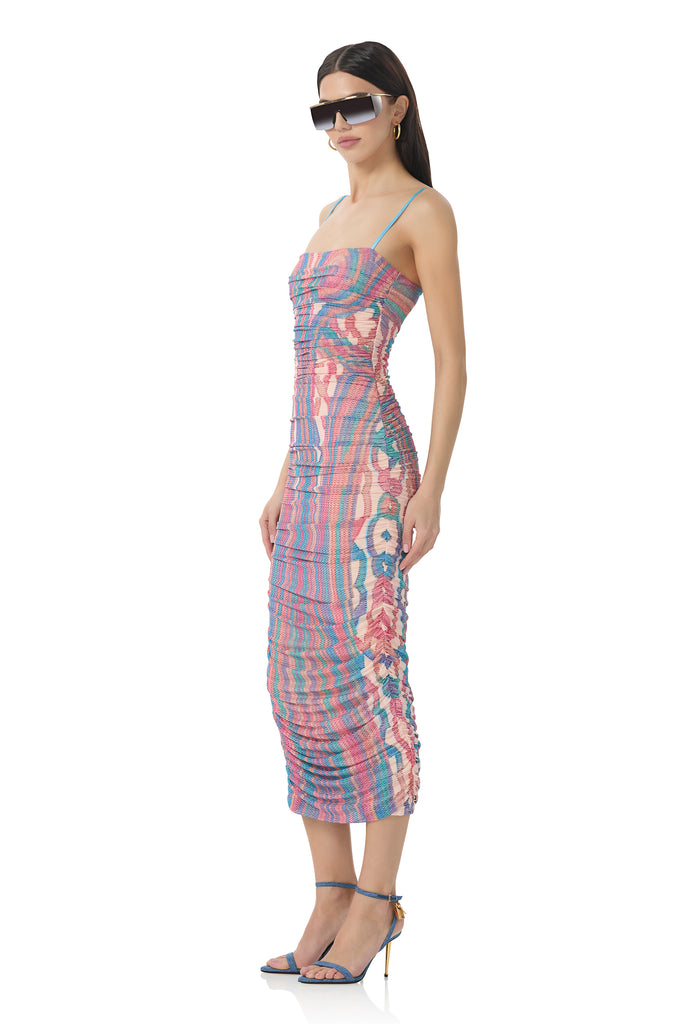 women's fitted mesh knit midi length dress with all over ruching and adjustable straps in sculpted cable print