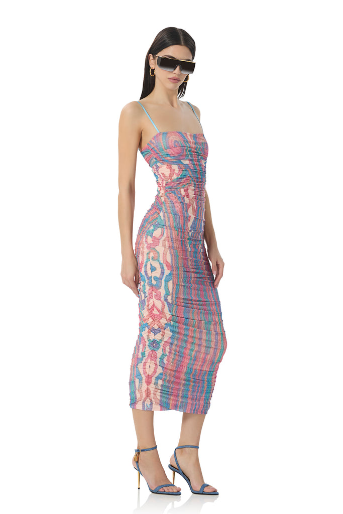 women's fitted mesh knit midi length dress with all over ruching and adjustable straps in sculpted cable print