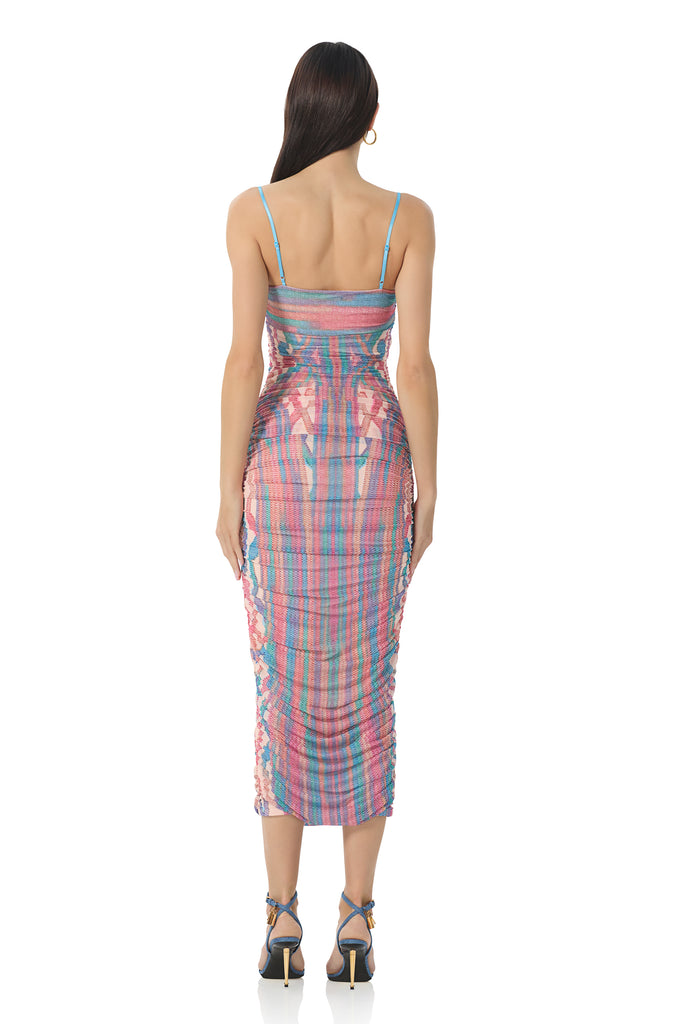 women's fitted mesh knit midi length dress with all over ruching and adjustable straps in sculpted cable print