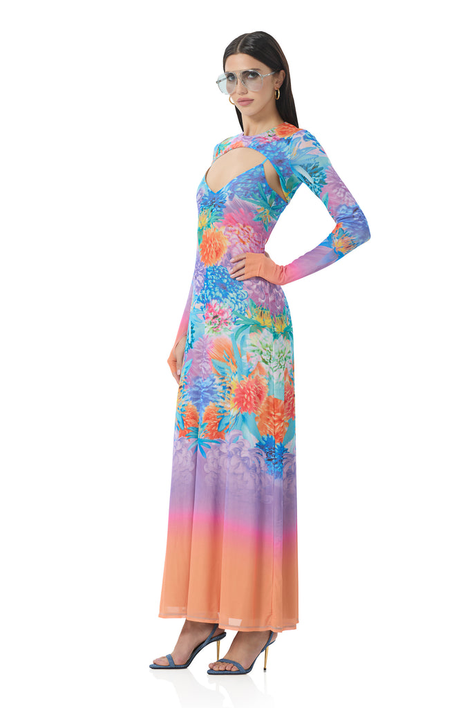 women's maxi two piece Illusion dress with removable long sleeve in neon botanical print