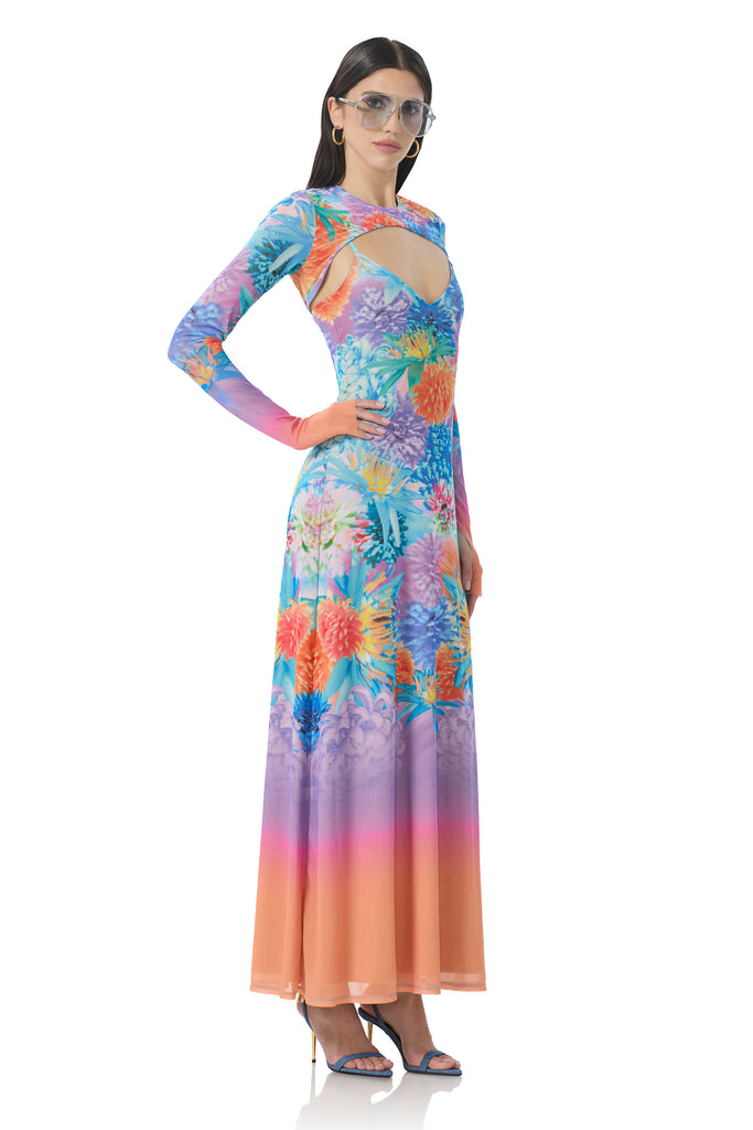 women's maxi two piece Illusion dress with removable long sleeve in neon botanical print