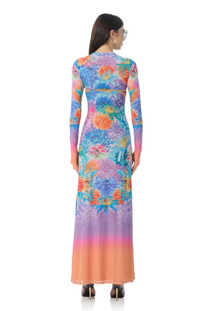 women's maxi two piece Illusion dress with removable long sleeve in neon botanical print