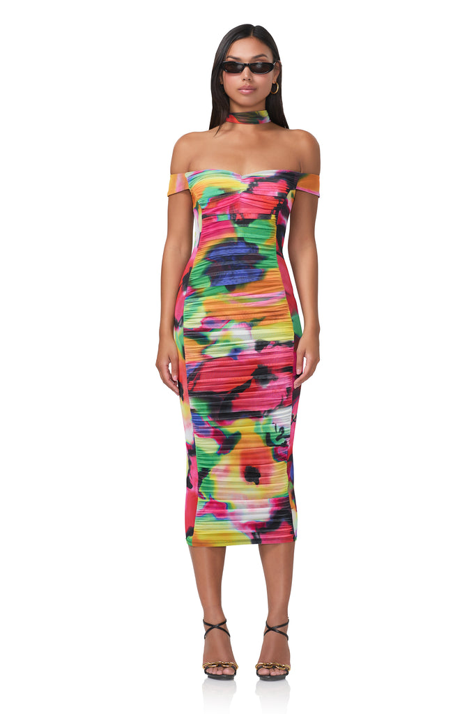 women's midi length fitted dress with removable neck tie in spray floral print