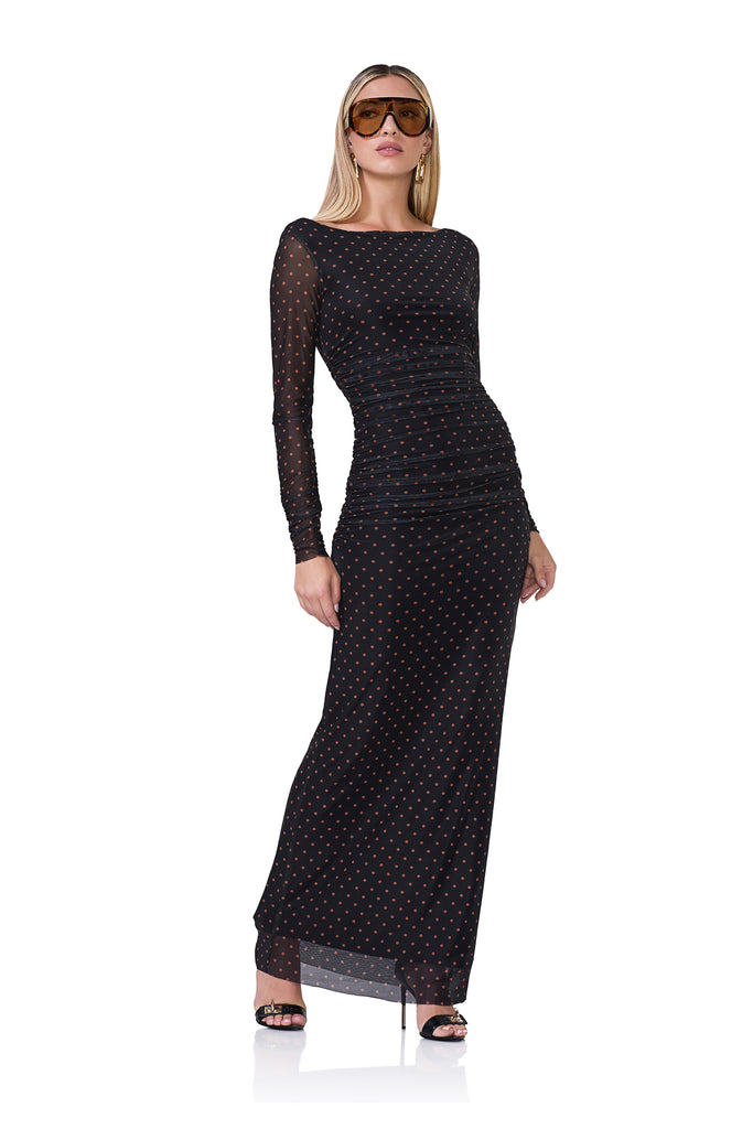 women's long sleeve maxi dress with wide neck neckline in sepia dot print