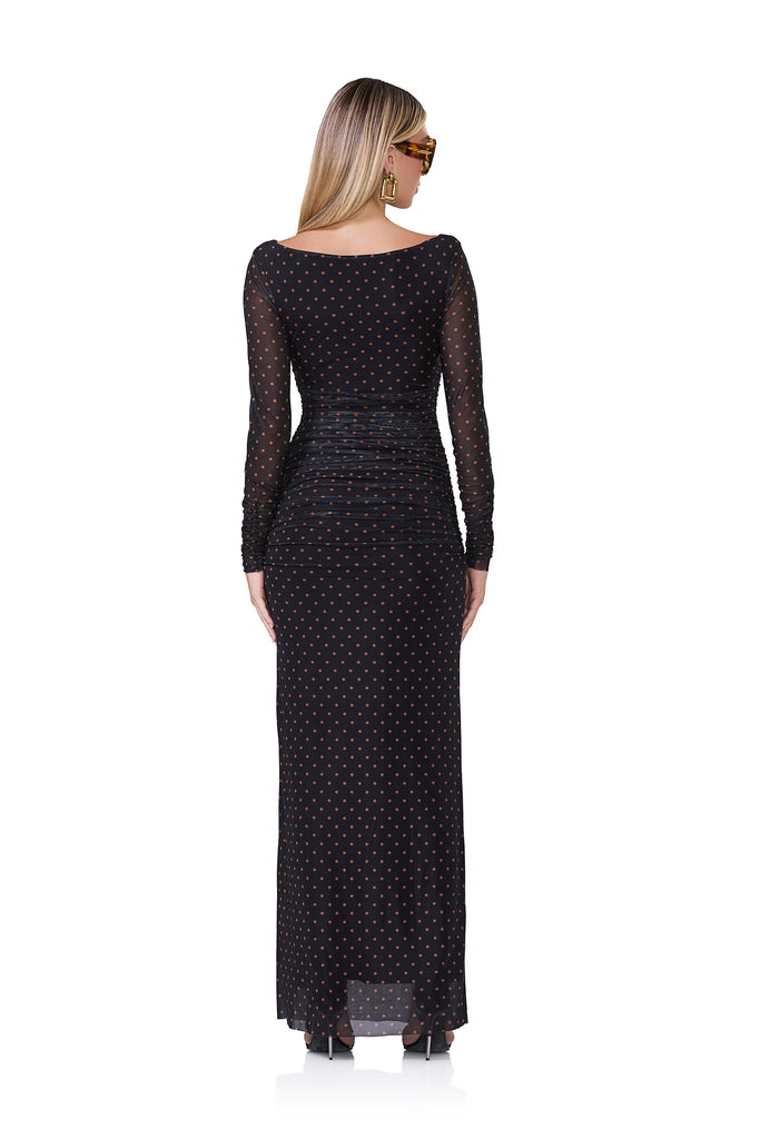 women's long sleeve maxi dress with wide neck neckline in sepia dot print