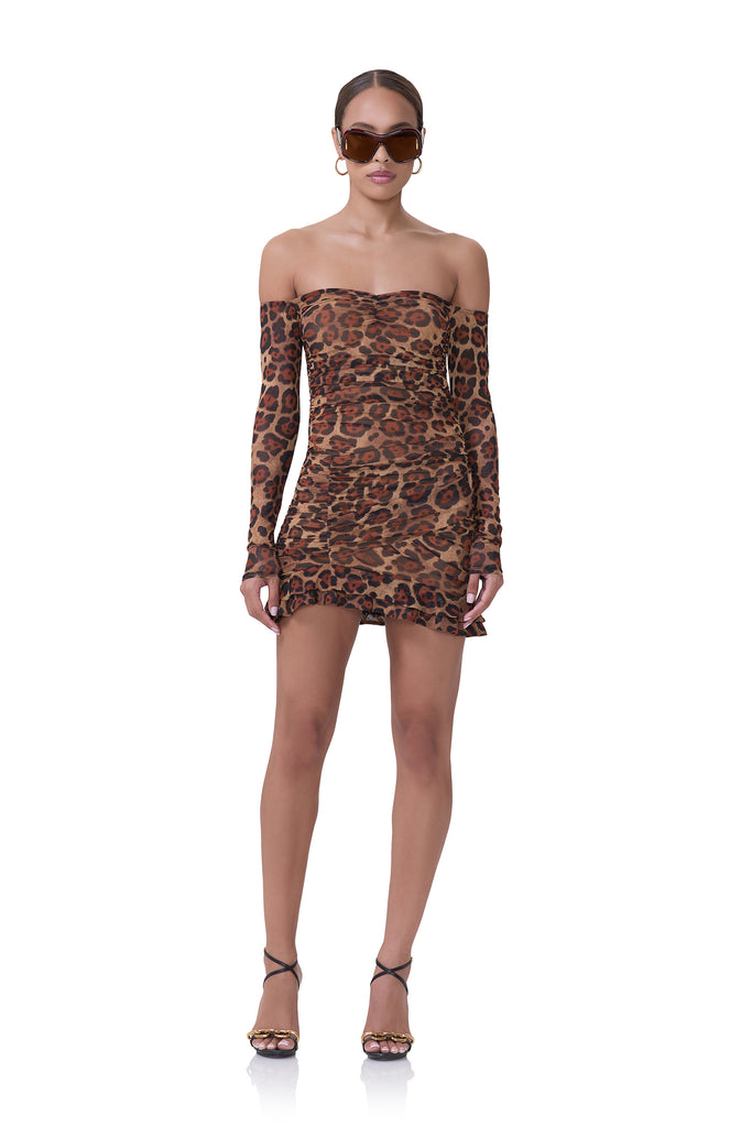 women's off the shoulder mini dress with long sleeves in cocoa leopard print