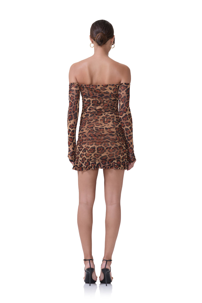 women's off the shoulder mini dress with long sleeves in cocoa leopard print