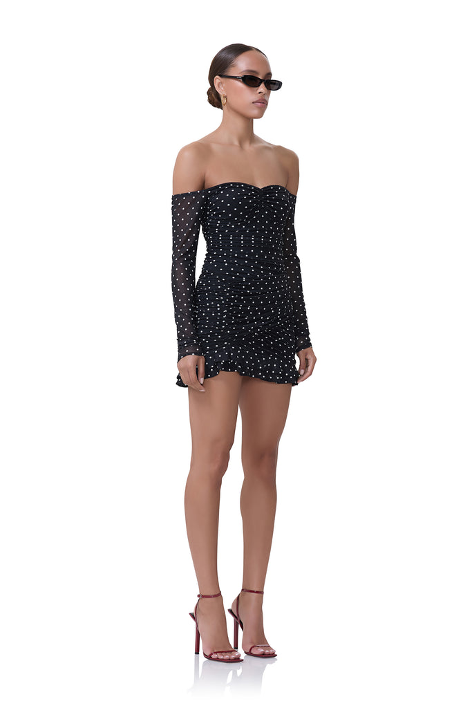 women's off the shoulder mini dress with long sleeves in noir dot print