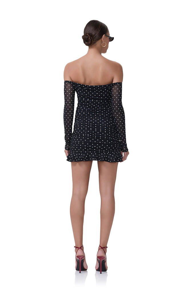 women's off the shoulder mini dress with long sleeves in noir dot print