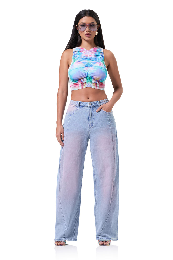 women's denim with a barrel shape in a blue pink wash