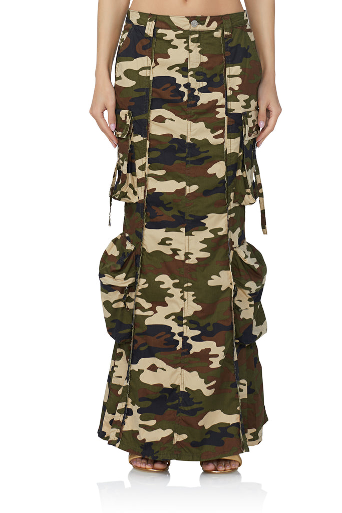 women's cargo maxi skirt in woodland camo print