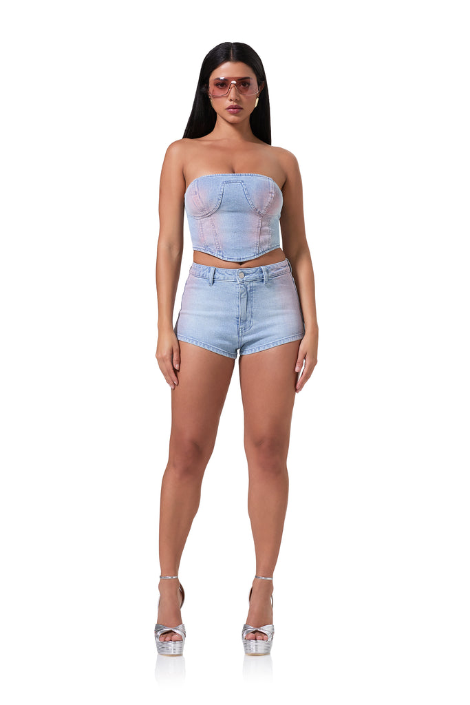 women's high rise denim short in blue pink wash