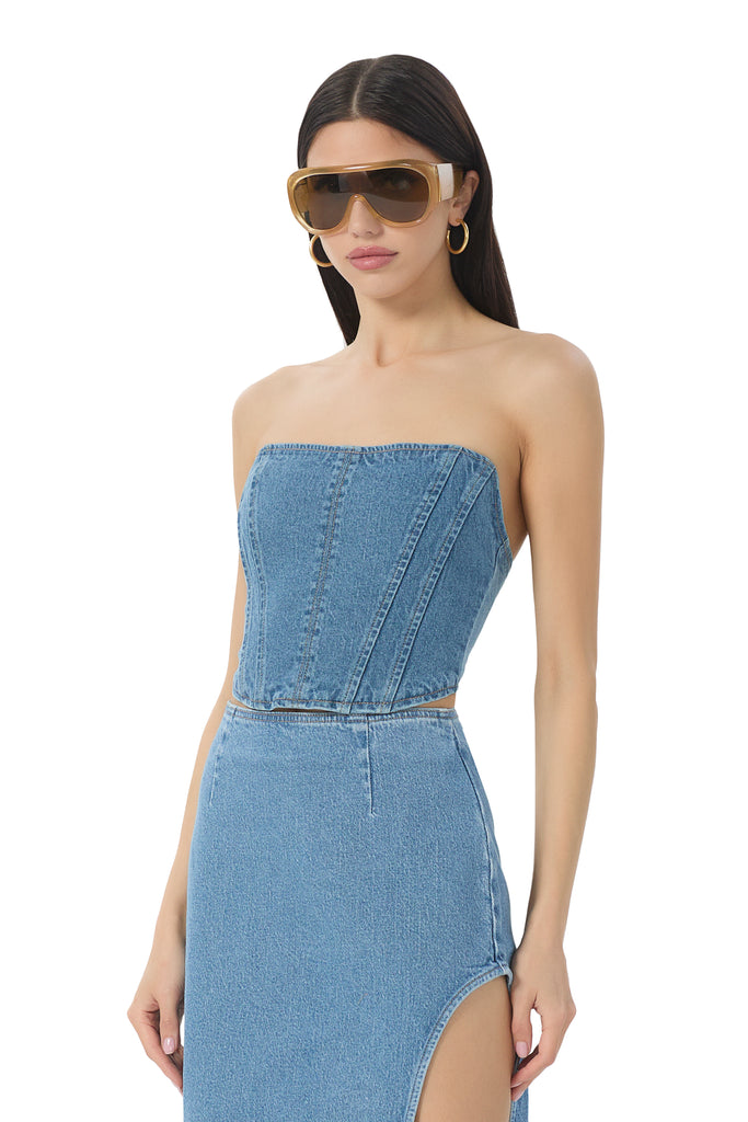 women's crop denim bustier top in blue denim wash