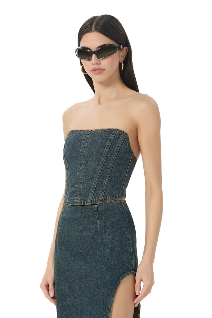 women's crop denim bustier top in dark denim wash