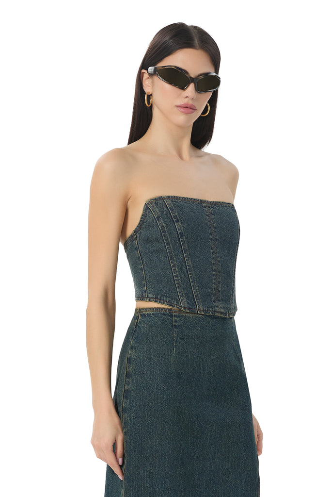 women's crop denim bustier top in dark denim wash