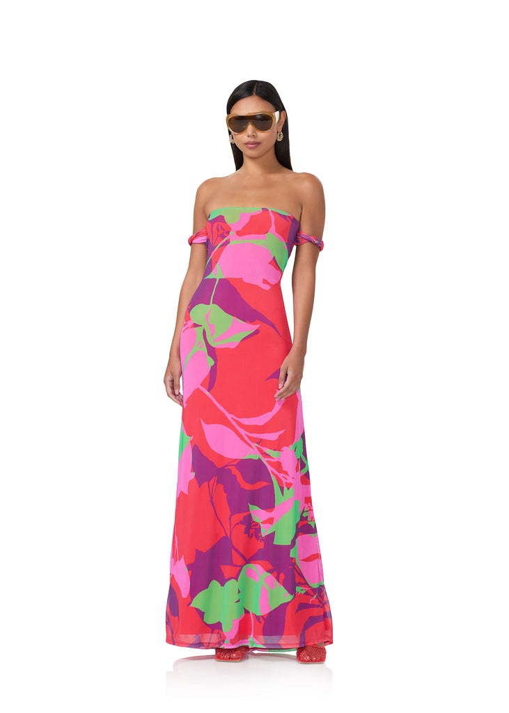 women's off the shoulder maxi dress in graphic floral print