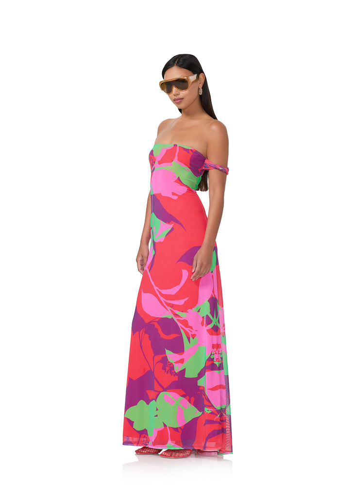 women's off the shoulder maxi dress in graphic floral print