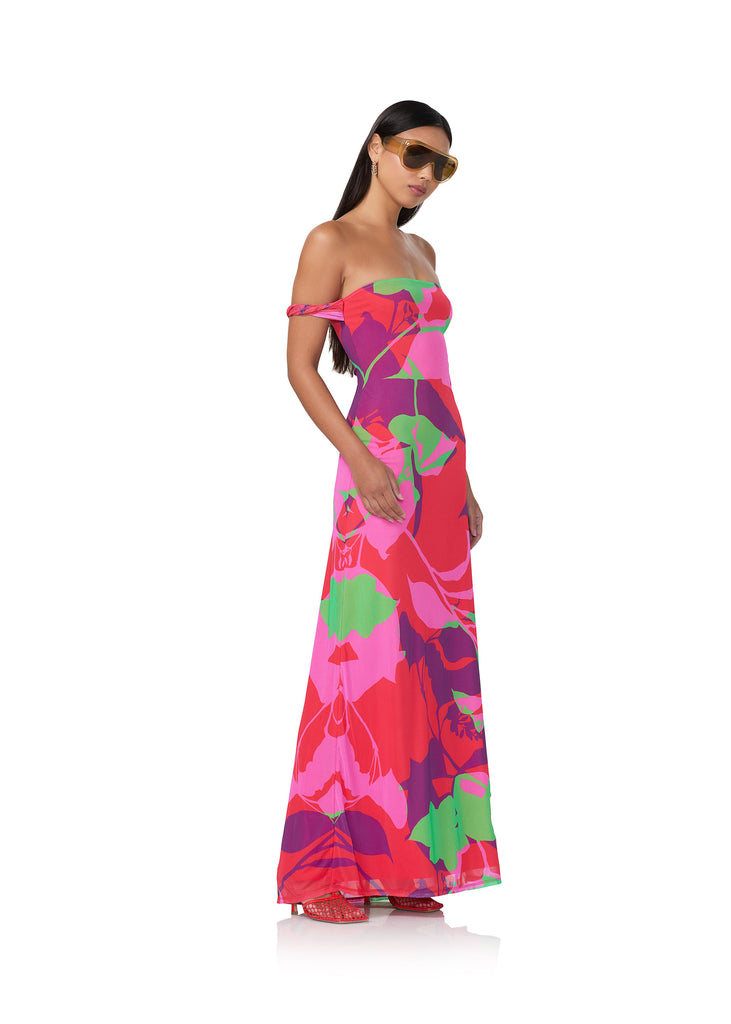 women's off the shoulder maxi dress in graphic floral print