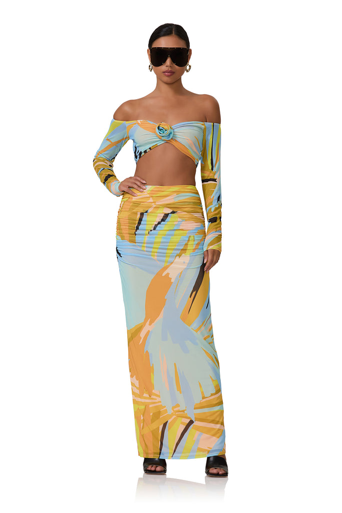 women's maxi length mesh skirt in bird of paradise print