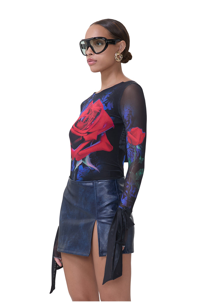 women's high neck long sleeve top with cowl open back and self ties at wrist in realism rose print