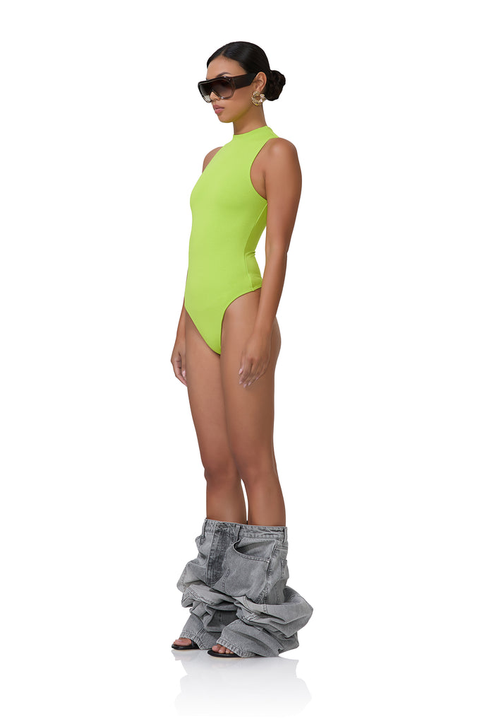 women's bodysuit with funnel neckline in lime punch