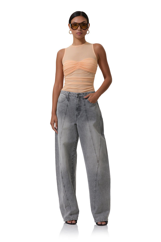 women's denim with a barrel shape in a smoke grey wash