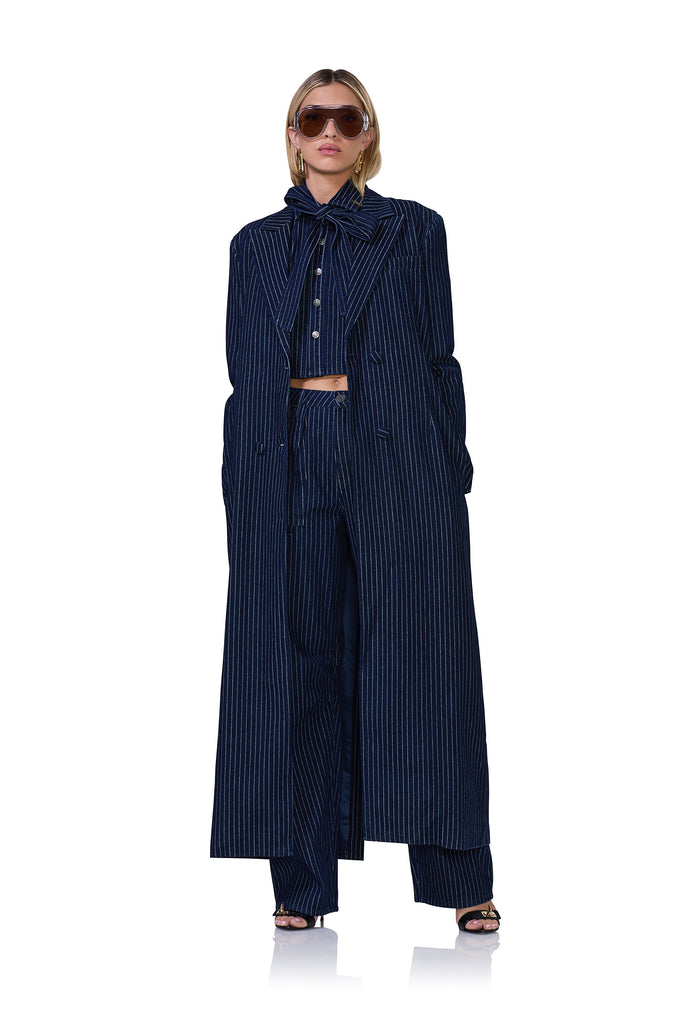 women's long sleeve cropped pin stripe shirt with an adjustable self tie neck tie in dark wash 