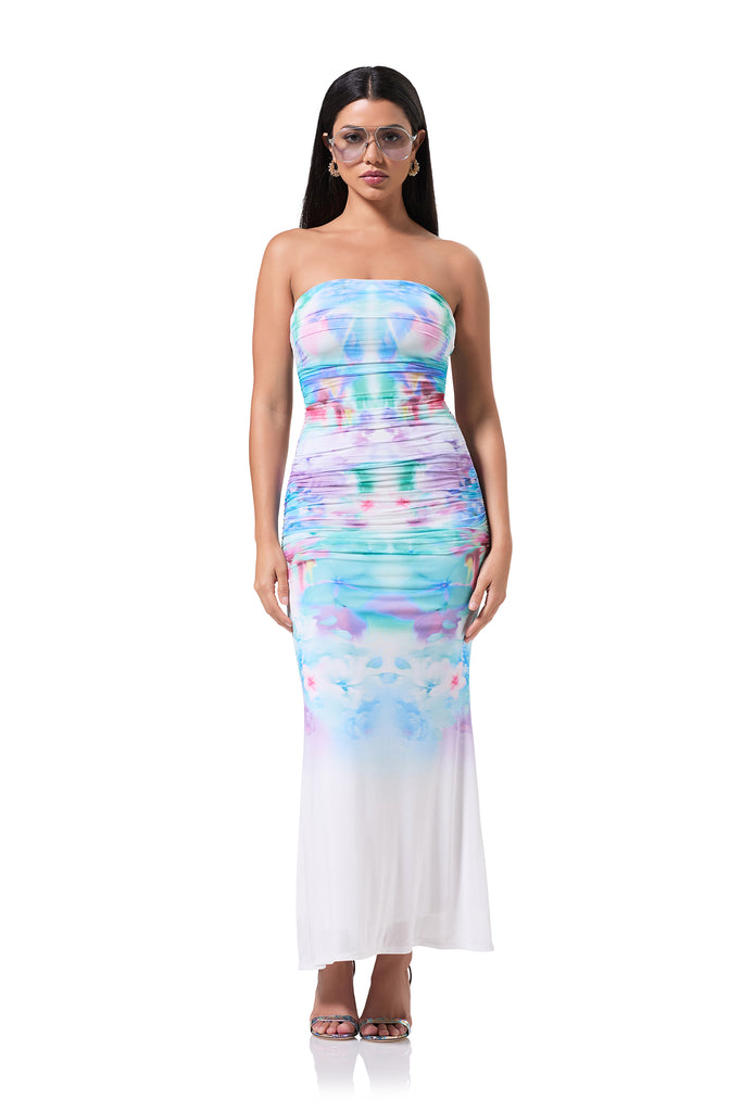 women's strapless tube shape dress in blur blossom print