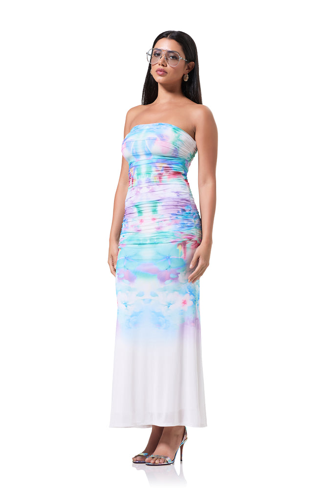 women's strapless tube shape dress in blur blossom print