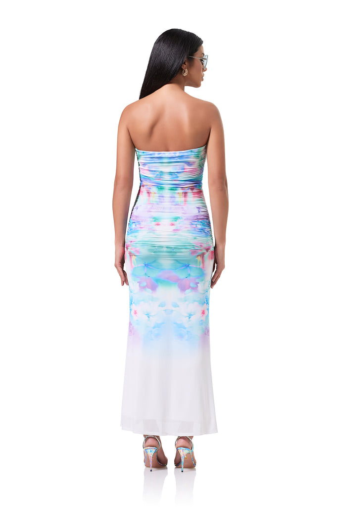 women's strapless tube shape dress in blur blossom print