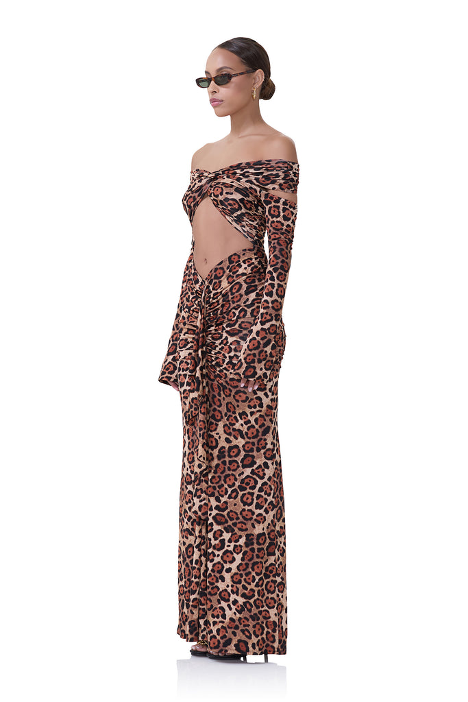 women's long sleeve dress with off the shoulder neckline detail and torso cutout detail in cocoa leopard print 