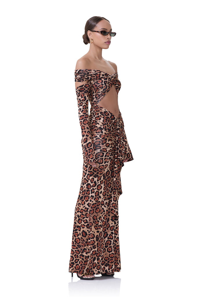 women's long sleeve dress with off the shoulder neckline detail and torso cutout detail in cocoa leopard print 