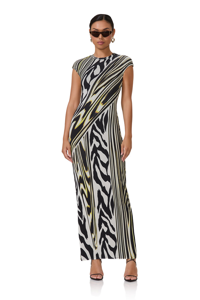 women's maxi length t-shirt shaped dress with capped sleeve in zebra lime print