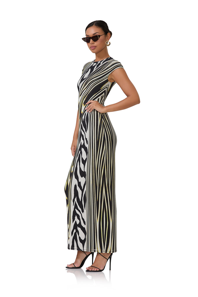 women's maxi length t-shirt shaped dress with capped sleeve in zebra lime print