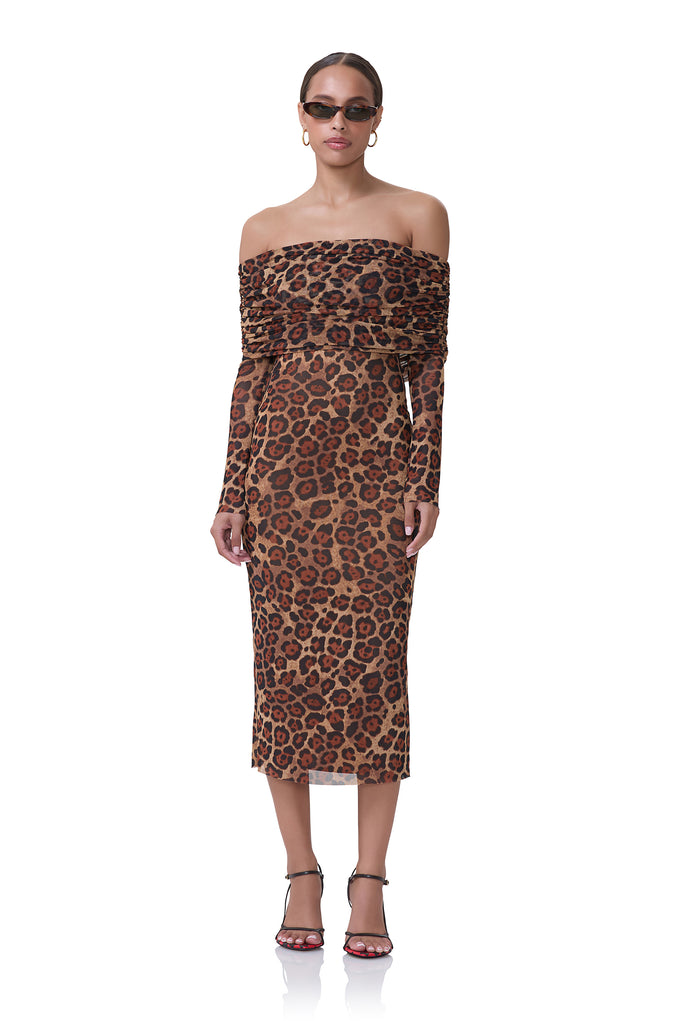 women's knee length off the shoulder long sleeve mesh dress in cocoa leopard print