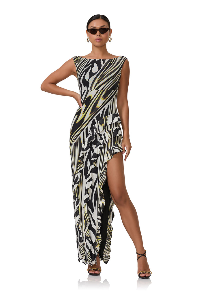 women's maxi dress with ballerina neckline, high slit and ruffle detailing in zebra lime print