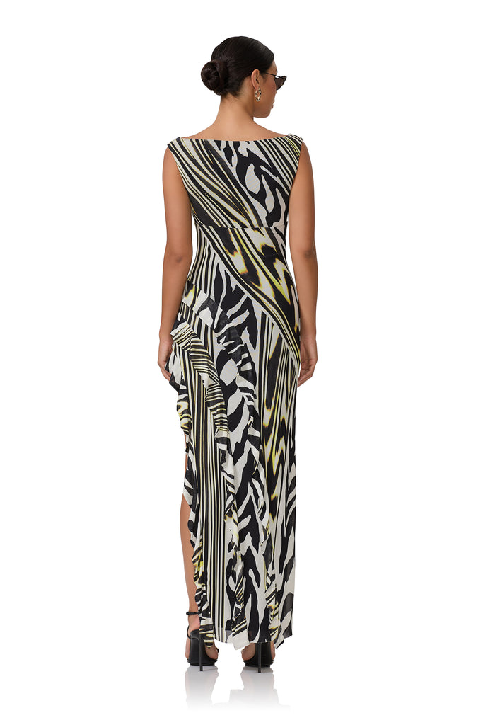 women's maxi dress with ballerina neckline, high slit and ruffle detailing in zebra lime print