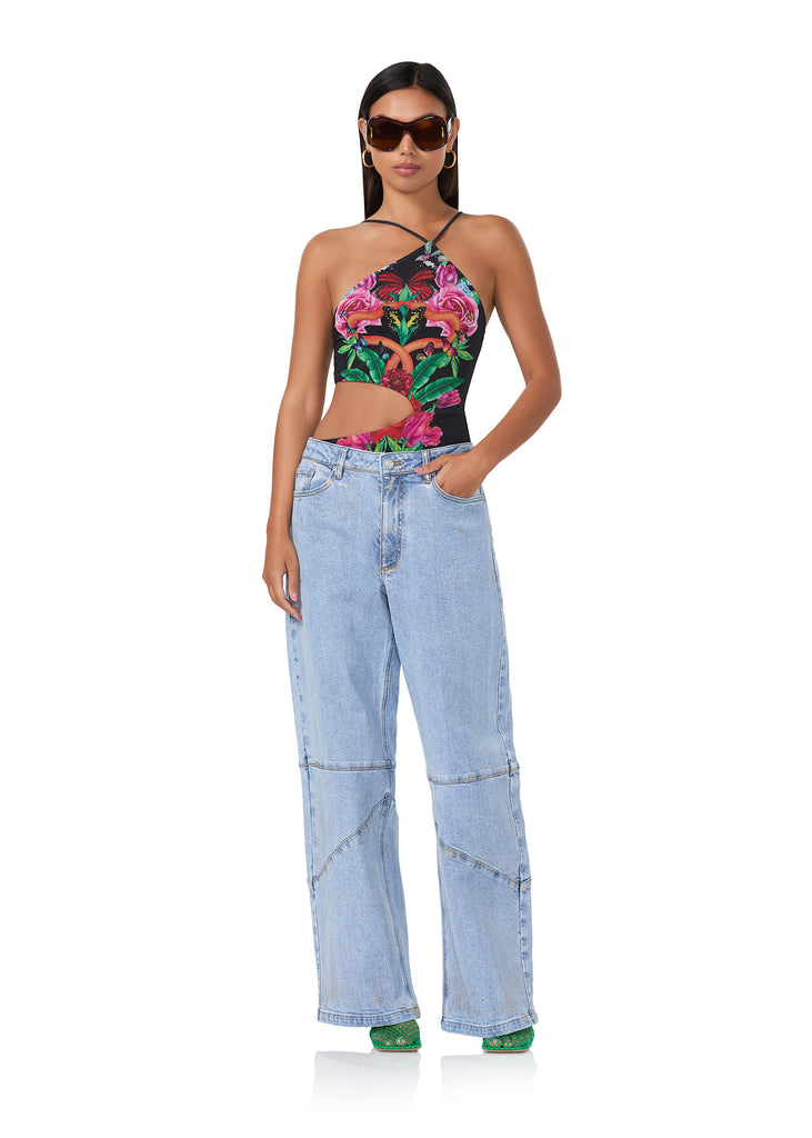 women's bodysuit with  asymmetrical neckline and cutout torso in body floral print