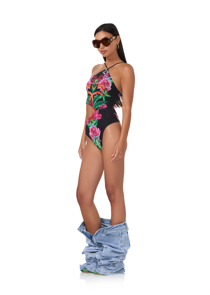 women's bodysuit with  asymmetrical neckline and cutout torso in body floral print