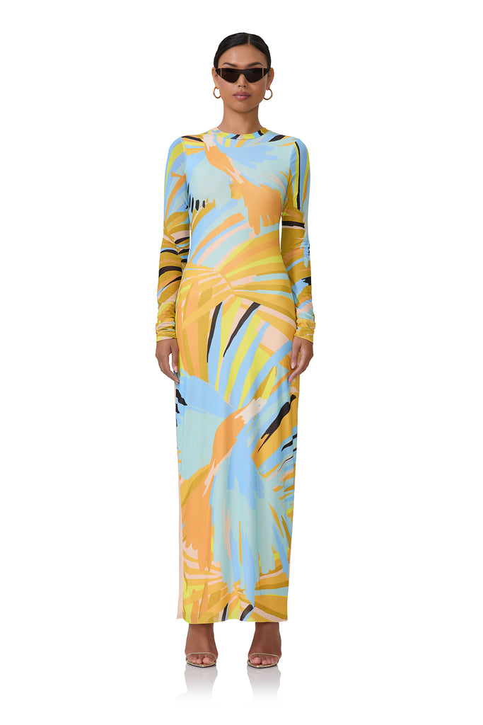 women's maxi length long sleeve dress with crew shape neckline in bird of paradise print