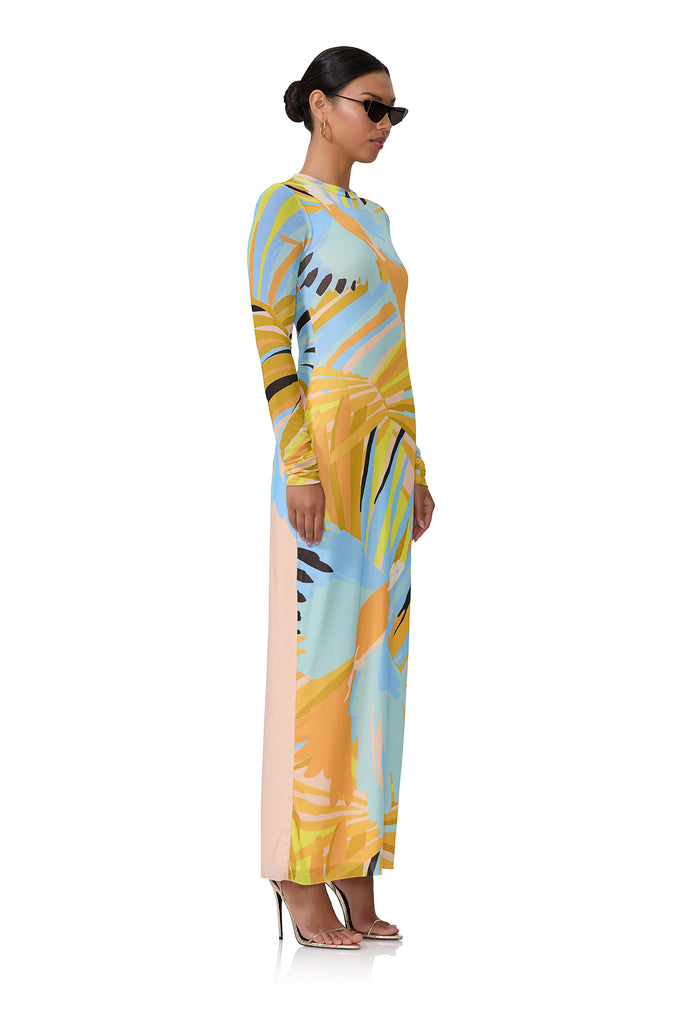 women's maxi length long sleeve dress with crew shape neckline in bird of paradise print