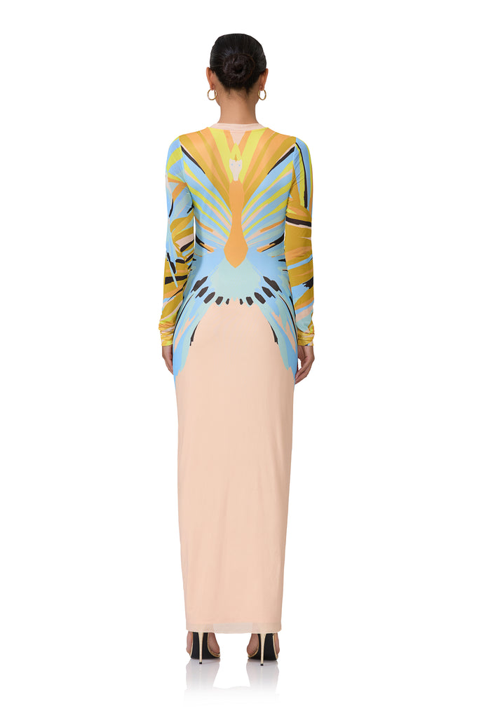 women's maxi length long sleeve dress with crew shape neckline in bird of paradise print