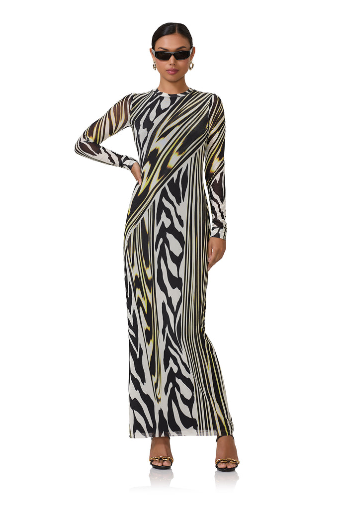 women's maxi length long sleeve dress with crew shape neckline in zebra lime print