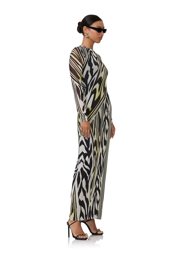 women's maxi length long sleeve dress with crew shape neckline in zebra lime print