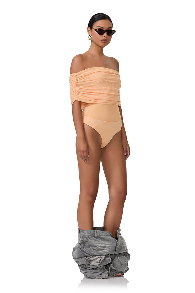 women's off the shoulder bodysuit with gathering detail across the chest in peach fuzz 