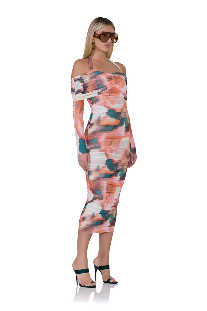 women's off the shoulder ruched dress with long sleeves and halter neckline in spice watercolor print