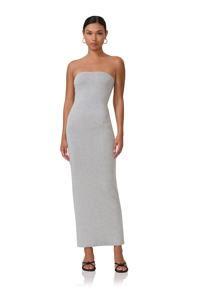 women's strapless maxi length dress in heather grey