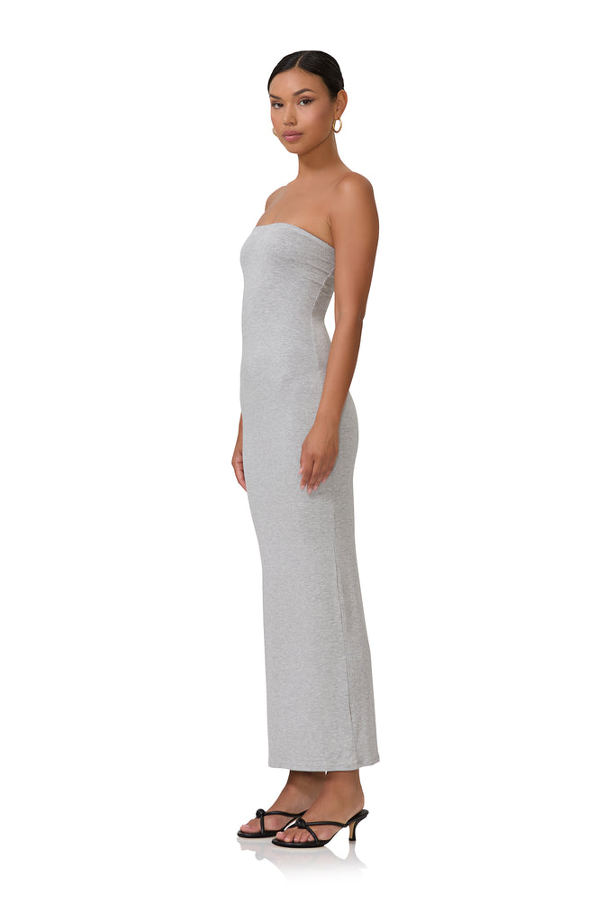 women's strapless maxi length dress in heather grey